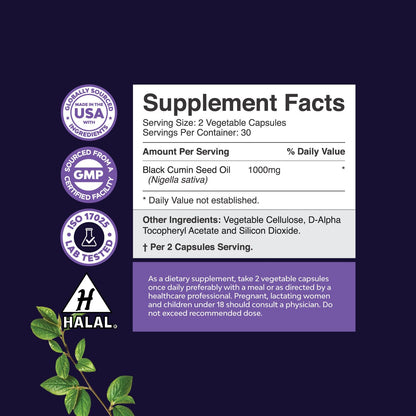 Vegan Black Seed Oil Capsules - Cold Pressed Nigella Sativa Black Cumin Seed Oil