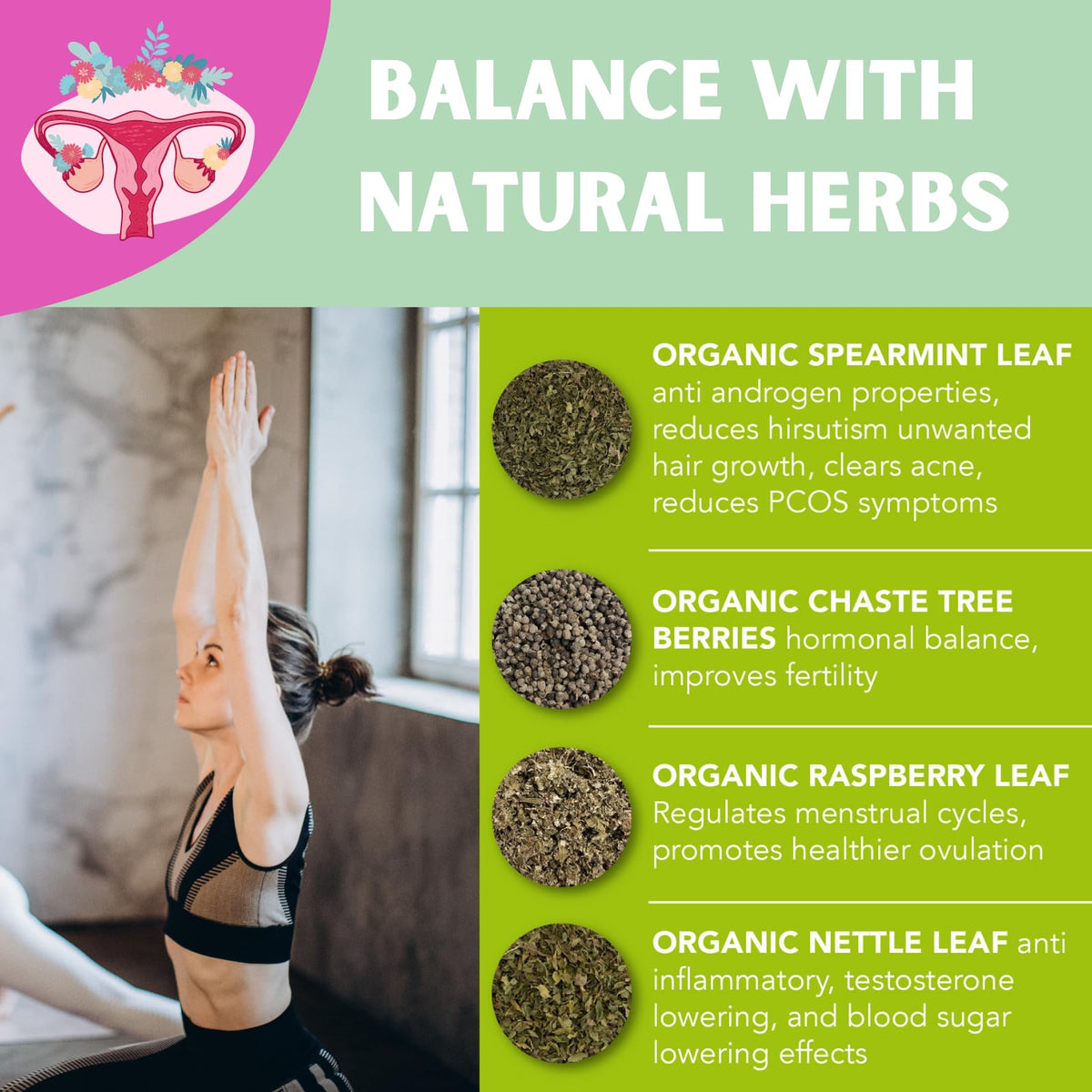 PCOS Cystem Tea with Organic Red Raspberry Leaf, Vitex, Spearmint Tea Supports Fertility