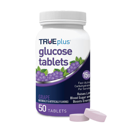TRUEplus Glucose Tablets, Grape, Raspberry, Orange Flavors, 50 Count | Chewable Tablets, 15g Fast-Acting Carbohydrates, Fat Free, Gluten Free, Boosts Energy, Great Tasting and Easy to Use