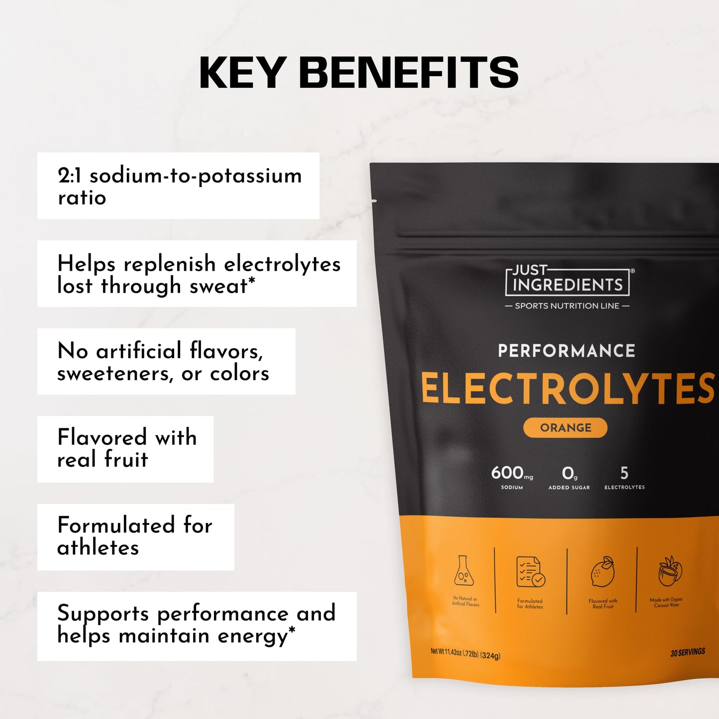 JUST INGREDIENTS Performance Electrolytes Powder Lemon Lime, 600mg Sodium with Organic Coconut Water, 30 Servings, Naturally Sweetened with Monk Fruit and Stevia, Flavored with Real Fruit, Non-GMO