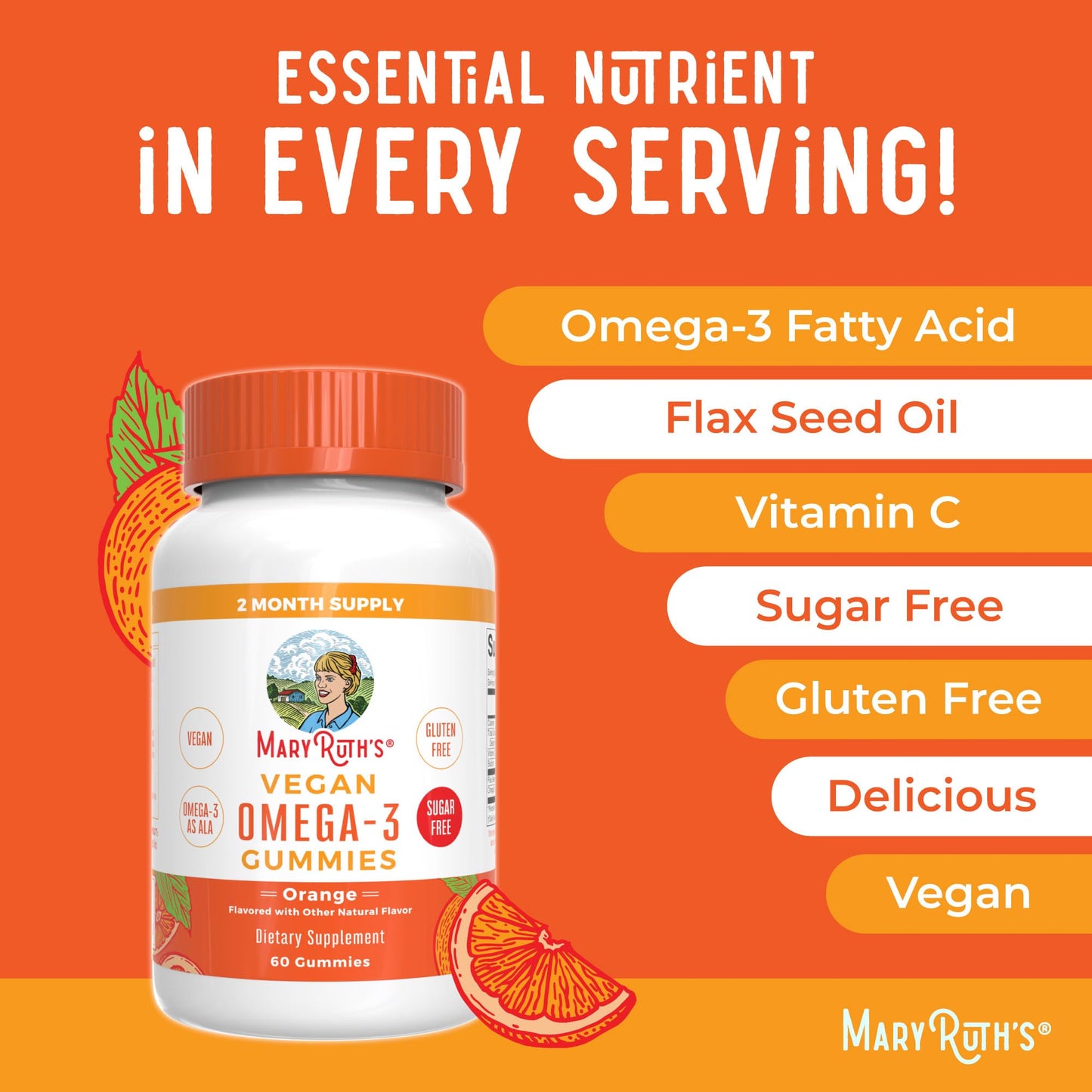 MARYRUTH'S Vegan Omega 3 Gummies for Kids 4 2 Month Supply | Sugar Free | Omega 3 Supplement with Vitamin C | Flaxseed Oil | Immune Support | Essential Nutrient ALA | No Fish Taste | 60 Count