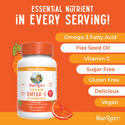 MARYRUTH'S Vegan Omega 3 Gummies for Kids 4 2 Month Supply | Sugar Free | Omega 3 Supplement with Vitamin C | Flaxseed Oil | Immune Support | Essential Nutrient ALA | No Fish Taste | 60 Count