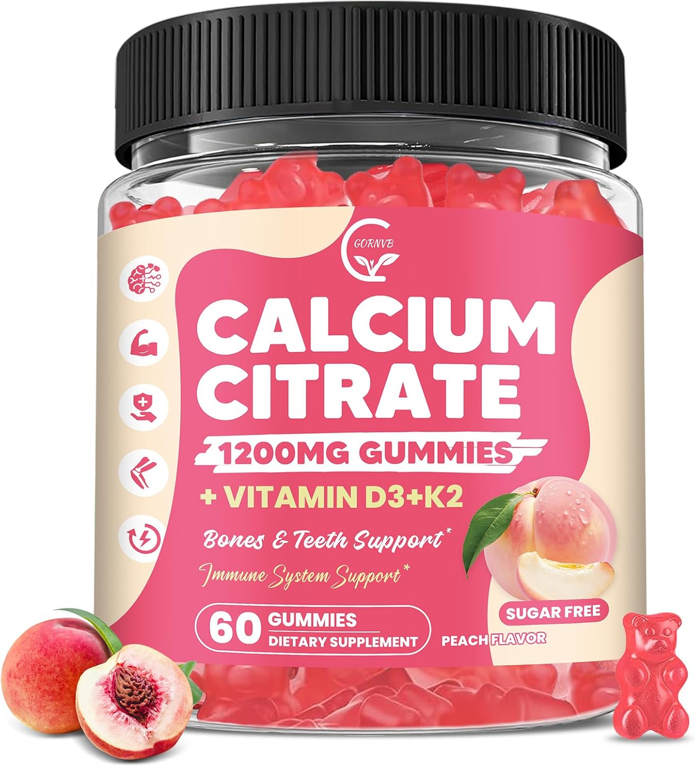 Calcium Citrate Gummies 1200 mg with Vitamin D3, K2 for Bone, Muscle & Immune Support, High Absorption Chewable Calcium Supplements for Women & Men, Sugar Free, Vegan, Peach Flavor, 60 Chews