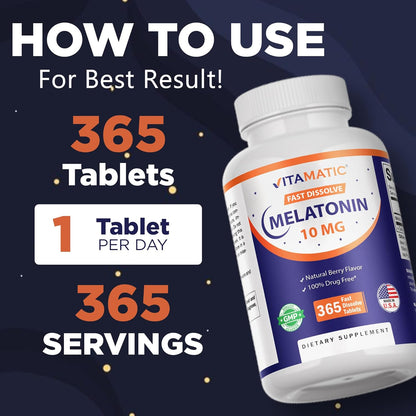 Vitamatic Melatonin 10 mg Fast Dissolve Tablets – Quick-Dissolving Sleep Support Supplement for Adults – Vegetarian, Non-GMO & Gluten-Free – Natural Berry Flavor – 365 Tablets