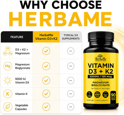 HerbaMe Vitamin D3 5000 IU + K2 with Magnesium Bisglycinate | Complete D3 Activation & Absorption Support Formula | Bone, Muscle & Immune Wellness | 90 Capsules