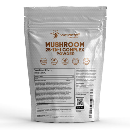 WELLNESS LABSRX Mushroom Powder, 25 in 1 Mushrooms Supplement - 2000mg, 25 Superfood Mishroom Lions Mane Powder with Chaga, Shiitake, Cordyceps, Reishi - Lion's Mane Mushroom - 120 Servings