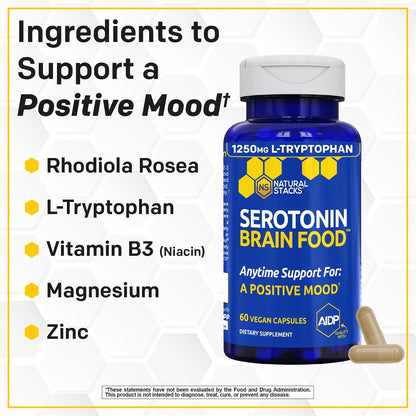 Serotonin Brain Food, Mood Support w/ Tryptophan & Rhodiola Rosea, 60 Count | 1250mg L-Tryptophan Stress Relief Supplement w/ Magnesium Glycinate & Zinc - Neurotransmitter Support - Natural Stacks