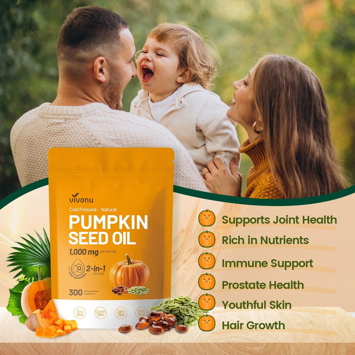 VivoNu Saw Palmetto Capsules Extract 8 in 1, Pumpkin Seed Oil - Supports Prostate Health, Relieves Urination Issues, Supports Hair Growth, DHT Blocker 240 Softgels