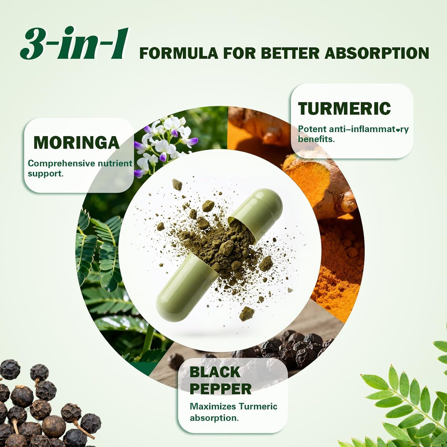 Organic Moringa Capsules 1000mg, 10:1 Leaf Extract Supplement with Turmeric & Black Pepper for Energy, Antioxidant, Immune Support, Vegan, 60 Capsules