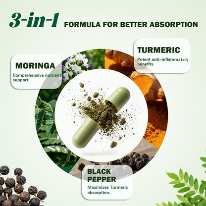 Organic Moringa Capsules 1000mg, 10:1 Leaf Extract Supplement with Turmeric & Black Pepper for Energy, Antioxidant, Immune Support, Vegan, 60 Capsules