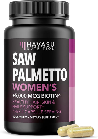 Saw Palmetto for Women with Bitoin 5000mcg Per Serving, 30-Day Supply | Vegan, Non-GMO DHT Blocker for Women for Hair, Skin and Nails, Saw Palmetto Extract with Biotin for Thicker Looking Hair