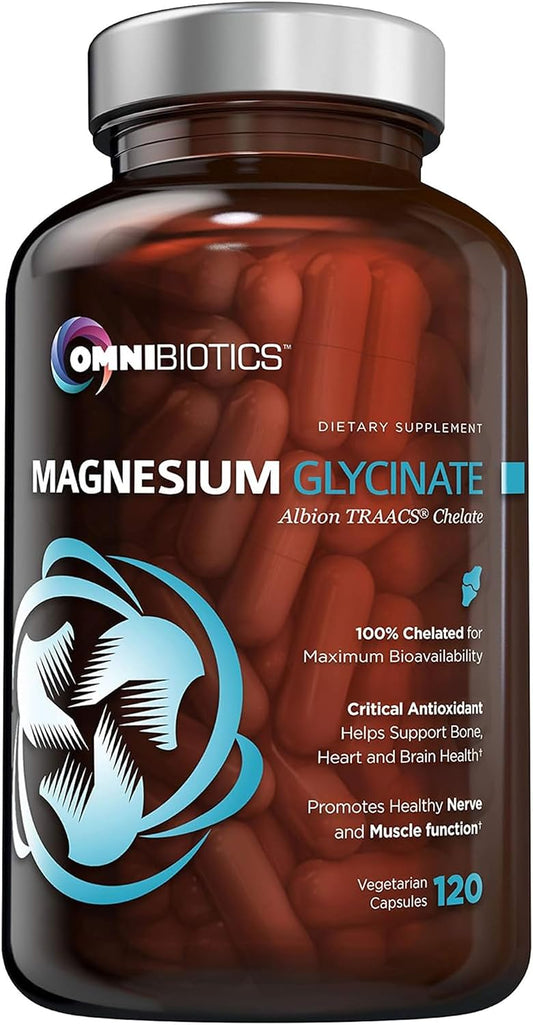 OmniBiotics Magnesium Glycinate Supplement – with 100% Pure Albion TRAACS Bisglycinate Chelate for Sleep, Muscle, Nerve & Heart Health – 120 Vegan Capsules