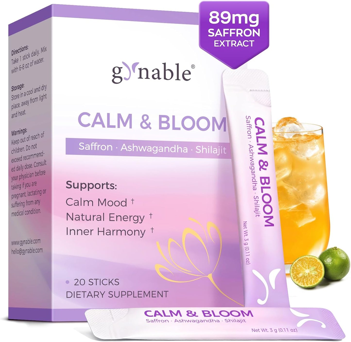 Gynable Saffron Supplement for Women, Daily Calm & Stress Support Drink Mix, 89mg Saffron Extract + Ashwagandha, L-Theanine & Magnesium, Helps You Unwind & Feel More Balanced, 20 Stick Packs, Lime