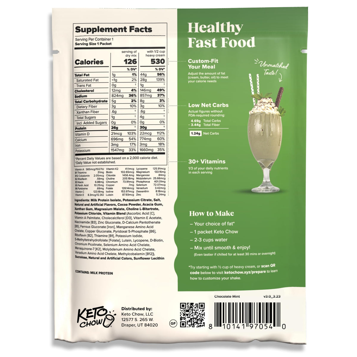 Keto Chow Chocolate Peanut Butter Meal Replacement Shake Powder, 1 Meal
