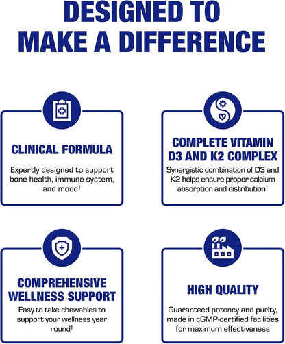 Chewable Vitamin D and K2 Supplement - Clinical D3 K2 2000IU for Bone Teeth Mood and Immune Support Plus Calcium Absorption - Vegetarian Vitamin D Chewable Cinnamon Flavor (60 Day Supply)