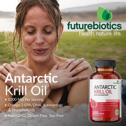 Futurebiotics Antarctic Krill Oil 1000mg with Omega-3s EPA, DHA, Astaxanthin and Phospholipids - Premium Krill Oil Heavy Metal Tested, Non GMO – 90 Softgels (45 Servings)