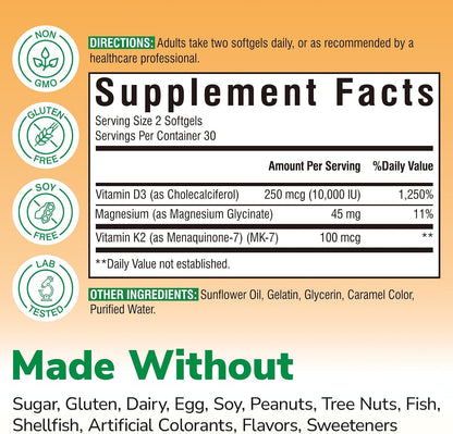 Vitalibre Vitamin D3 K2 10000 IU + Magnesium Glycinate, 60 Mini Softgels | High Absorption D3 K2 Vitamin 10000 IU for Bone, Teeth, Immune & Energy Support, Non-GMO, Easy to Swallow