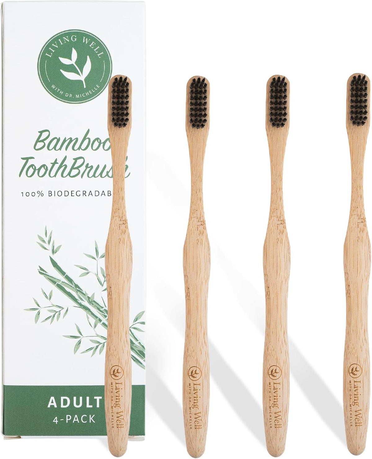 Living Well Dr. Michelle Bamboo Charcoal Toothbrush, Wood Color 4 Pack
