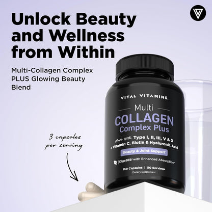 Vital Vitamins Multi Collagen Complex Plus Biotin, Hyaluronic Acid & VIT. C | Hair, Skin, & Nails Supplements for Women and Men, 5 Collagen Types I II III V & X, 150 Capsules