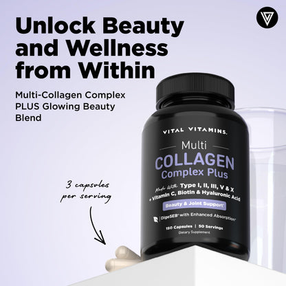 Vital Vitamins Multi Collagen Complex Plus Biotin, Hyaluronic Acid & VIT. C | Hair, Skin, & Nails Supplements for Women and Men, 5 Collagen Types I II III V & X, 150 Capsules
