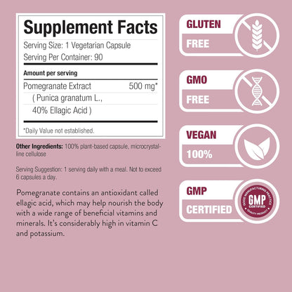 Nature Restore Premium Pomegranate Extract Supplement. Standardized to 40% Ellagic Acid. High Potency Polyphenol Antioxidants for Heart Health & Radiant Skin - 90 Vegan Capsules