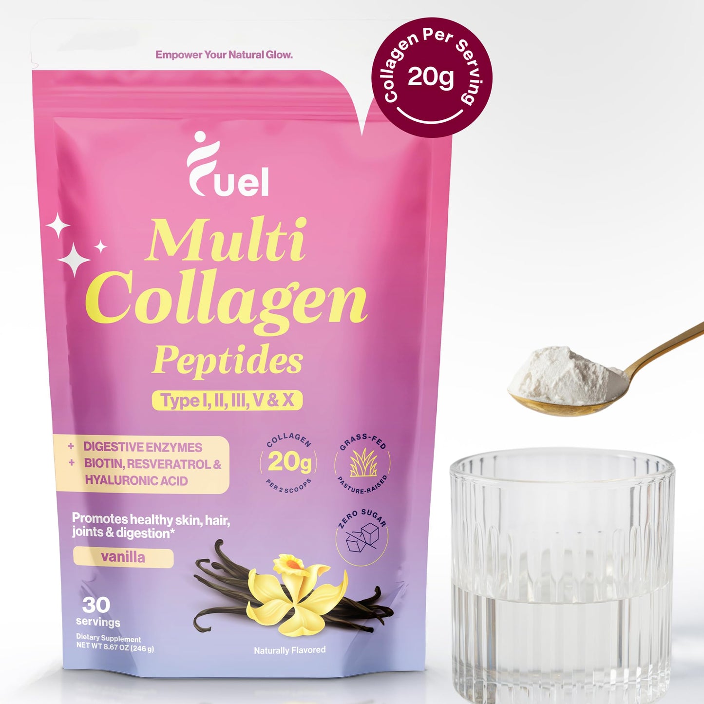 Fuel Multi Collagen Peptides Powder – 20g Hydrolyzed Collagen Types I, II, III, V & X – Hair, Skin, Nails & Joint Support – Keto & Gluten Free – Unflavored – 40 Servings (16.64oz)