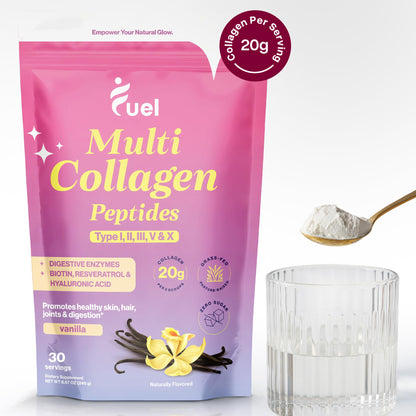 Fuel Multi Collagen Peptides Powder – 20g Hydrolyzed Collagen Types I, II, III, V & X – Hair, Skin, Nails & Joint Support – Keto & Gluten Free – Unflavored – 40 Servings (16.64oz)