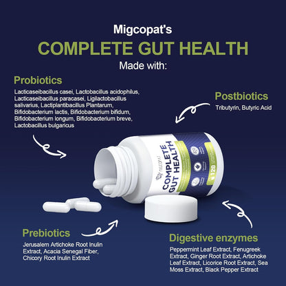Migcopat Probiotic Prebiotic, Postbiotic & Digestive Enzymes for Digestive Health, 80 Billion CFU Probiotics Complete Gut Support with Berberine, Cinnamon, L-Glutamine, for Men & Women, 120 Capsules