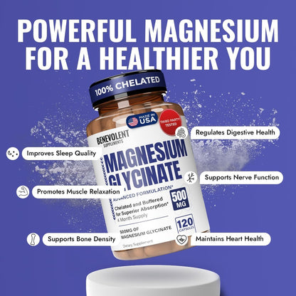 Premium Magnesium Capsules 500mg, High Absorption Formula Chelated Buffered Citrate to Support Digestion, Bone, Sleep & Muscle Health – Magnesium Glycinate - 120 Capsules
