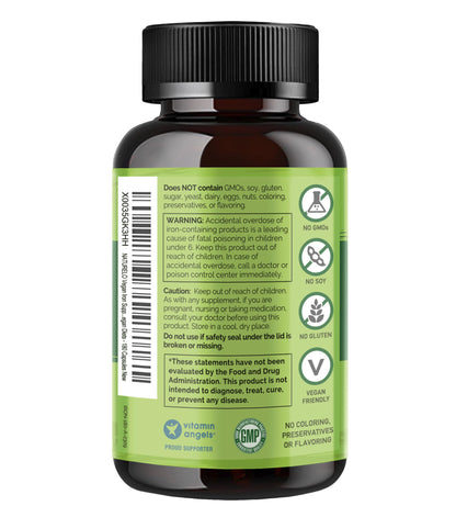 NATURELO Vegan Iron Supplement with Vitamin C and Organic Whole Foods - Gentle Iron Pills for Women & Men with Iron Deficiency Including Pregnancy, Anemia and Vegan Diets - 90 Mini Capsules