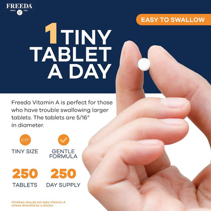 FREEDA Vitamin A 15,000 IU – Retinyl Palmitate – Vegan, Kosher, No Fish – Eye, Vision, Immune & Skin Support – Tiny Easy-to-Swallow Tablets – VIT A Vitamina A Supplement – 250 Tablets | Supports Healthy Vision, Skin, and Immune Function – Highly Absorbabl