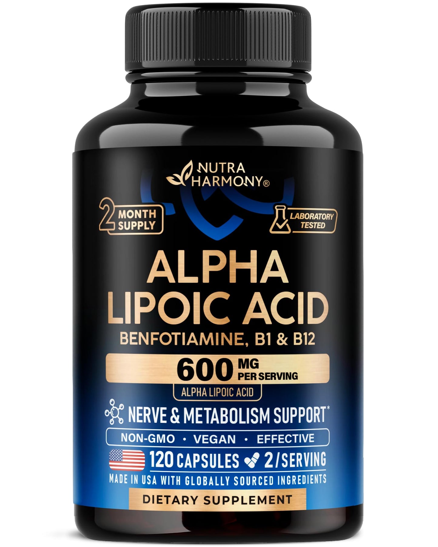 Alpha Lipoic Acid 600mg - ALA Supplement Antioxidant for Nerve, Energy & Metabolism Support - Extra Strength with Benfotiamine, B1 & B12 - Lab Tested, NON-GMO & Vegan - 120 Capsules, 2 Month Supply