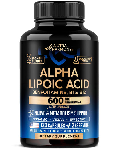 Alpha Lipoic Acid 600mg - ALA Supplement Antioxidant for Nerve, Energy & Metabolism Support - Extra Strength with Benfotiamine, B1 & B12 - Lab Tested, NON-GMO & Vegan - 120 Capsules, 2 Month Supply