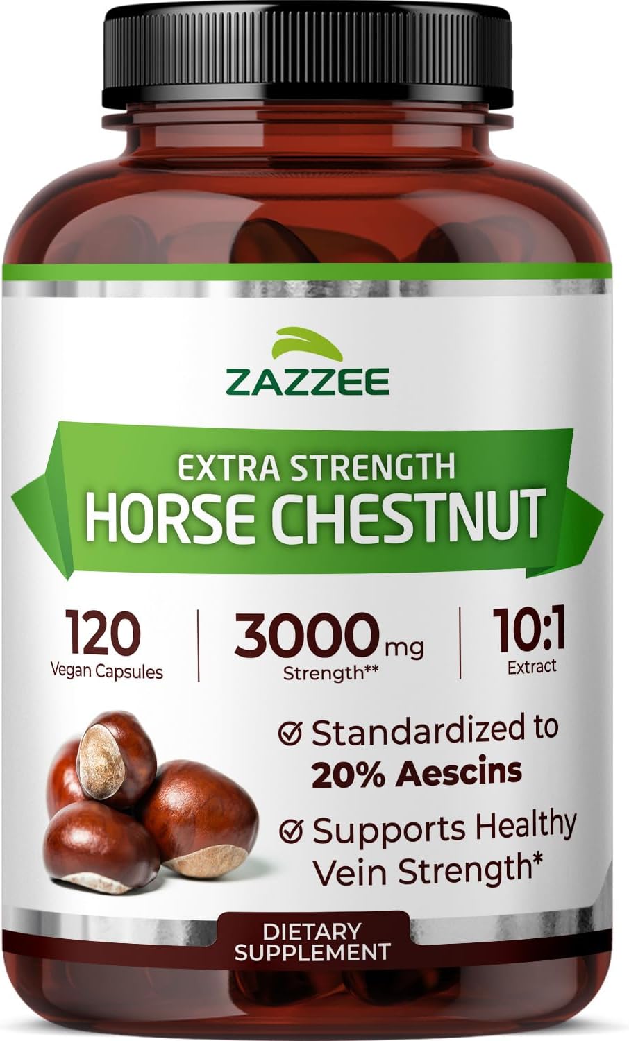 Zazzee Extra Strength Horse Chestnut 10:1 Extract, 20% Aescins, 120 Vegan Capsules, 4 Month Supply, Aesculus Hippocastanum, Healthy Circulation & Blood Flow Support, Non-GMO, Made in the USA