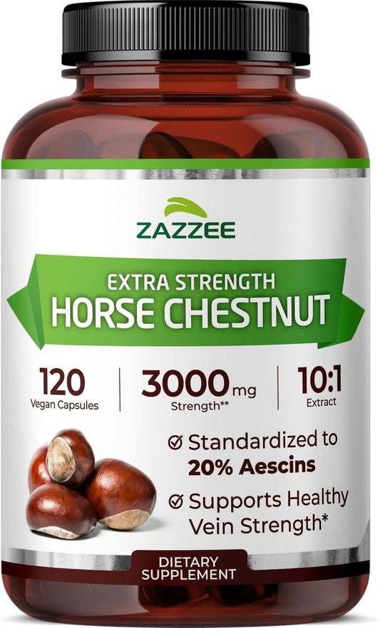 Zazzee Extra Strength Horse Chestnut 10:1 Extract, 20% Aescins, 120 Vegan Capsules, 4 Month Supply, Aesculus Hippocastanum, Healthy Circulation & Blood Flow Support, Non-GMO, Made in the USA