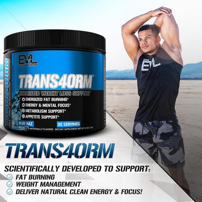 Evlution Thermogenic Fat Burning Support Powder Nutrition Trans4orm Fast Acting Energy Powder to Support Fast Metabolism Weight Loss and Mental Focus with CLA Carnitine and Alpha GPC - Blue Raz