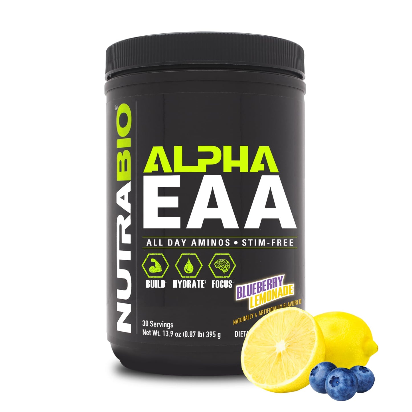NutraBio Alpha EAA - All-Day Amino Acids for Muscle Growth and Hydration - Essential Amino Acids with Nootropics & Adaptogens- Full Spectrum EAA BCAA Powder - 30 Servings - Strawberry Lemon