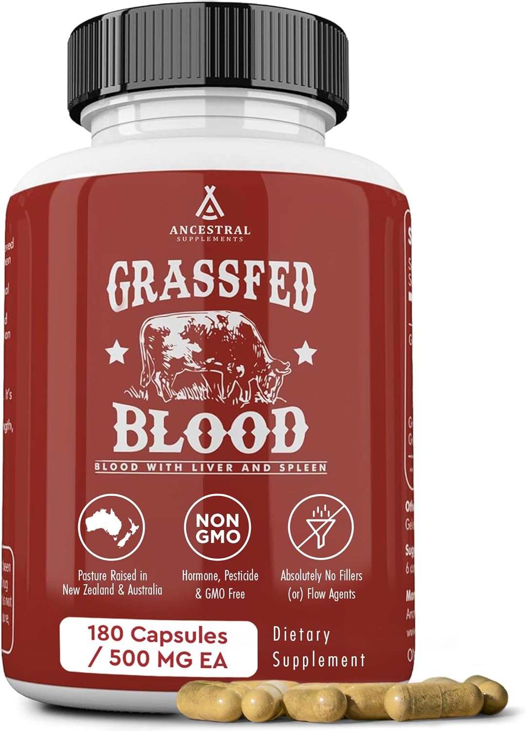 Ancestral Supplements Blood Health Supplement, Organ Formula, 500mg, 180 Ct | Beef blood, spleen and liver supplement supports red and white blood cell formation, immune health and heart health together.