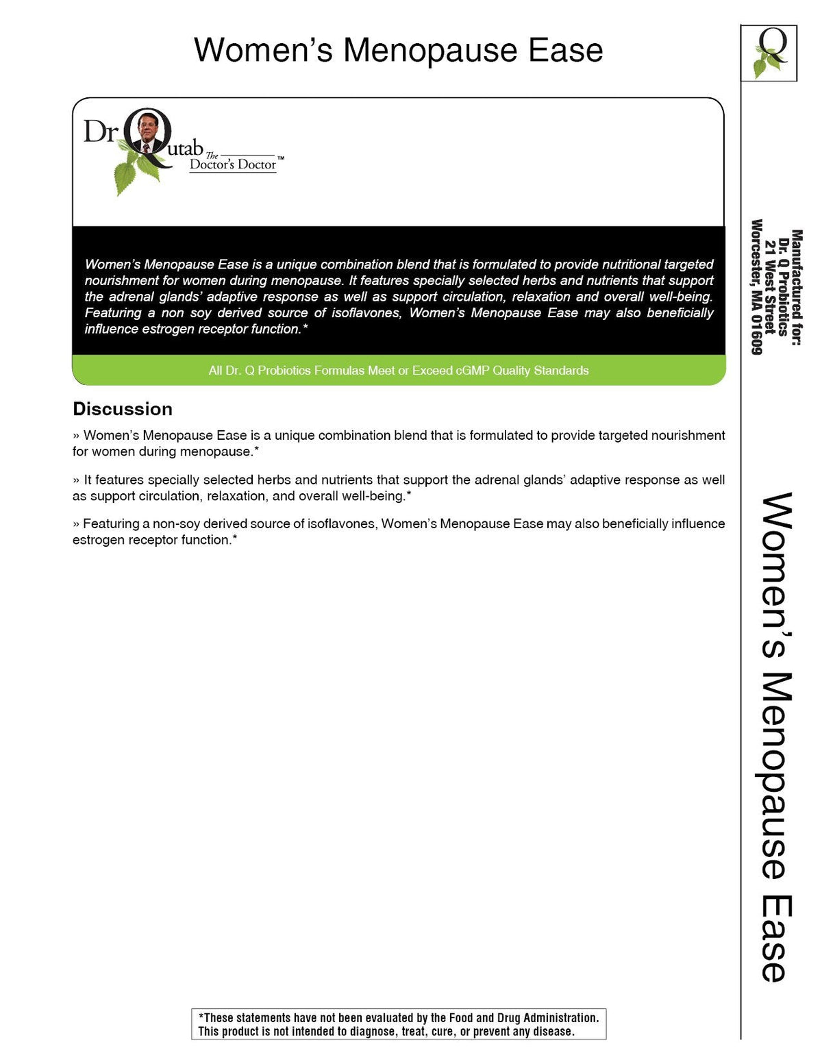 Dr Qutab The Doctor's Doctor, Women's Menopause Ease, Natural Menopause Support