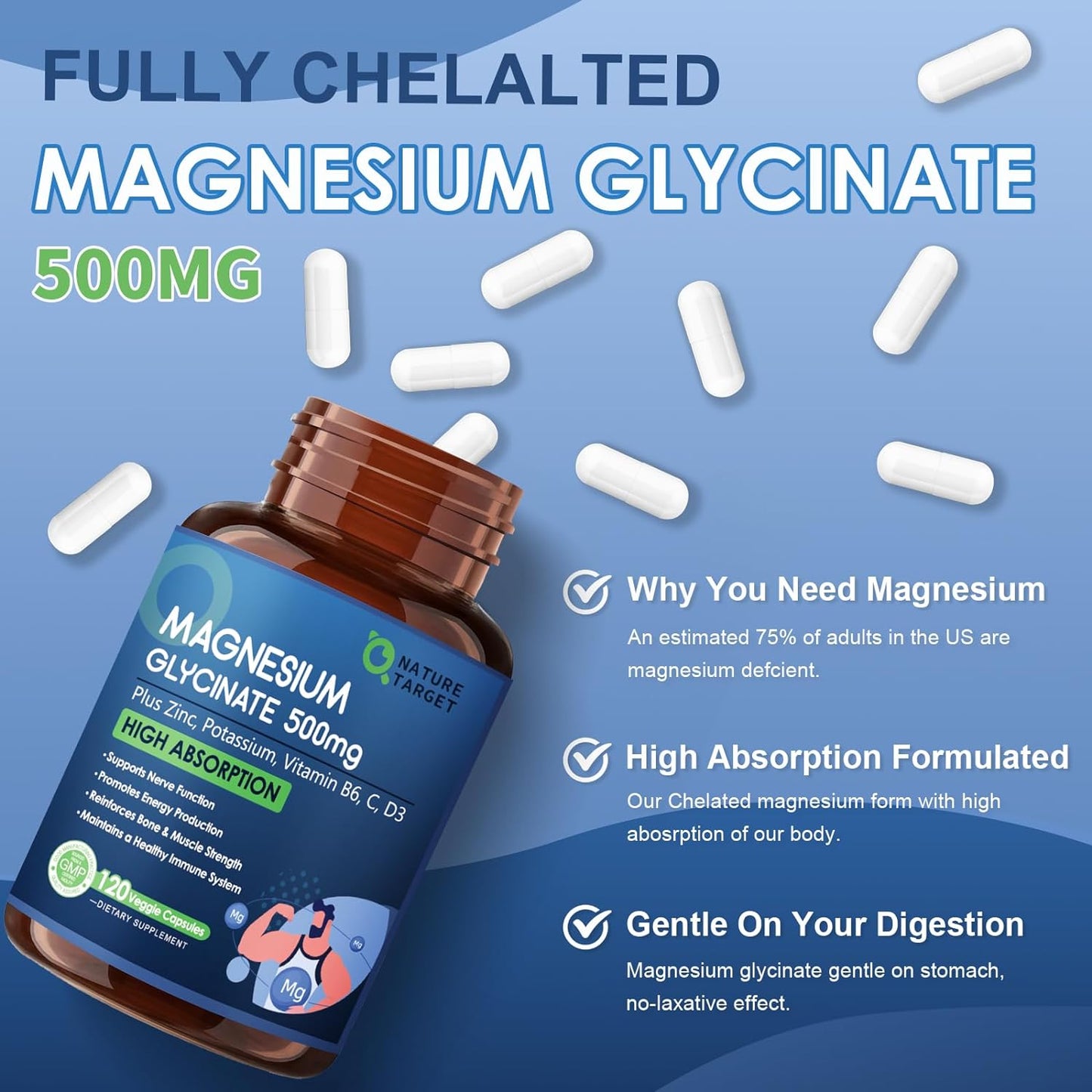 NATURE TARGET Magnesium Glycinate 500 mg with Zinc, 120 Vegan Capsules | Chelated, Non-Buffered Magnesium With Vitamin D3 & B6 For Muscle, Nerve, Bone, Heart And Immune Support, Non-Gmo, Gluten-Free