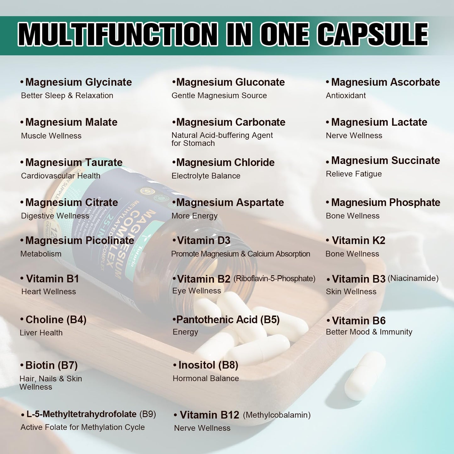 25-in-1 Magnesium Complex with Methylated B Complex Magnesium Glycinate Citrate Malate Taurate Gluconate Aspartate Carbonate D3 K2, Magnesium Supplement for Relaxation Energy & Nerve, 120 Vegan Caps