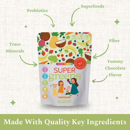 SPRIGS Kids Daily Super Greens Chocolate Powder with 48 Superfoods Probiotics Fiber Enzymes Plant Based Drink Mix for Children Supporting Digestion Immune Health Energy Growth &Daily Nutrition, 9.5 Oz
