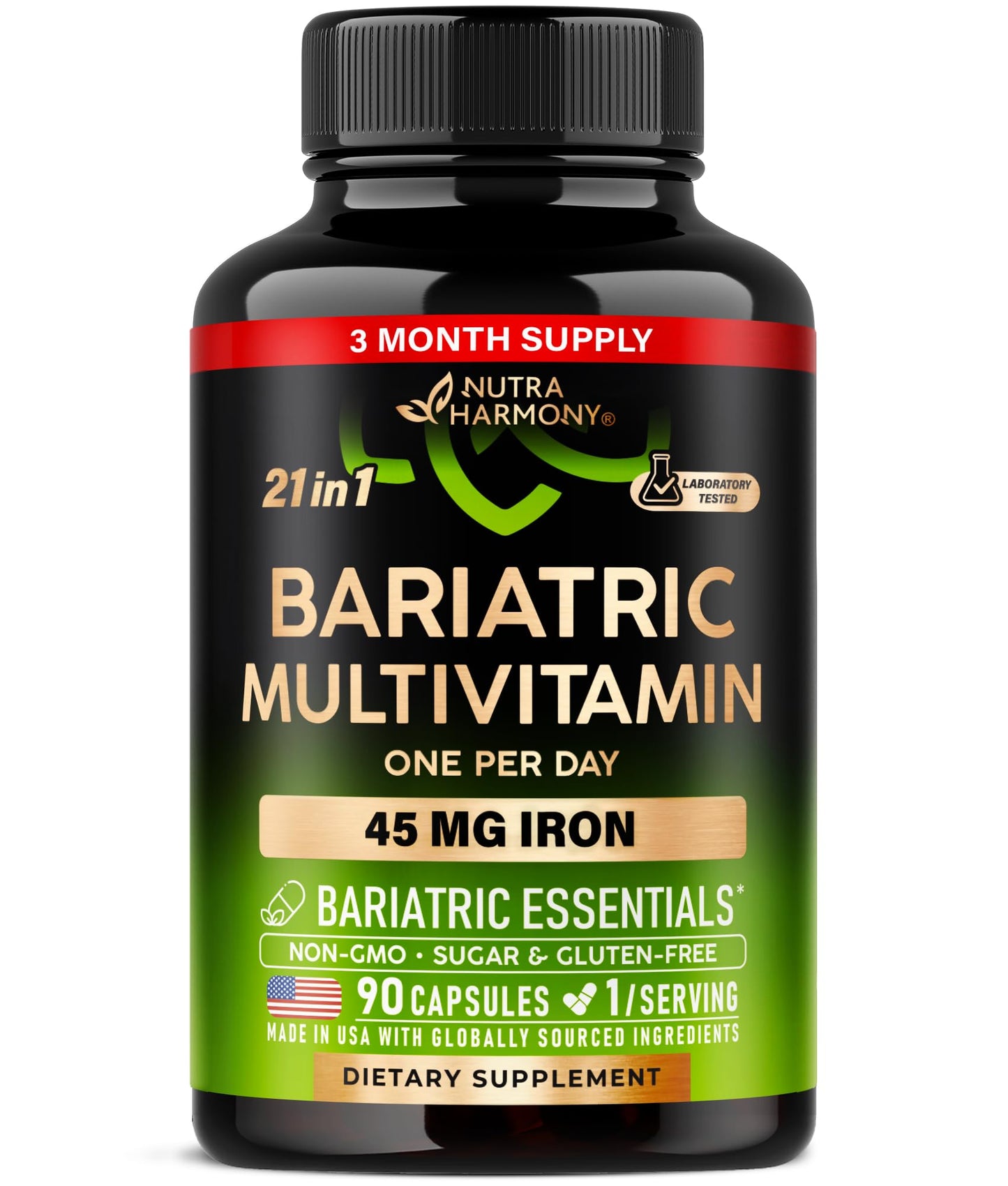 Bariatric Multivitamin - 45 mg Iron Supplements - Lab Tested - for Women & Men - All-in-One, 21 Essential Vitamins - Gastric Sleeve Support - Free of Sugar, Gluten & Soy - 90 Capsules, Once Daily