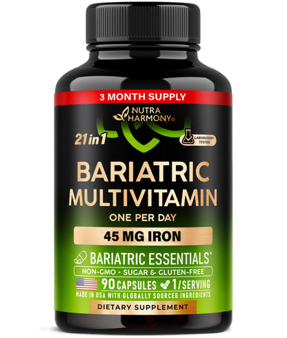 Bariatric Multivitamin - 45 mg Iron Supplements - Lab Tested - for Women & Men - All-in-One, 21 Essential Vitamins - Gastric Sleeve Support - Free of Sugar, Gluten & Soy - 90 Capsules, Once Daily