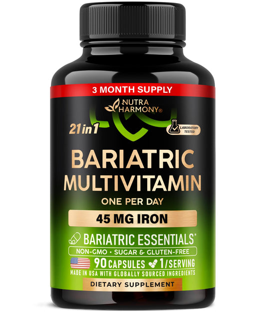 Bariatric Multivitamin - 45 mg Iron Supplements - Lab Tested - for Women & Men - All-in-One, 21 Essential Vitamins - Gastric Sleeve Support - Free of Sugar, Gluten & Soy - 90 Capsules, Once Daily