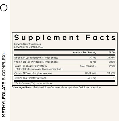 Codeage Methylfolate B Complex Supplements - 5 MTHF, Methylcobalamin 1000mcg Methylated Vitamin B12, Riboflavin, Betaine, Vitamins B6, Methylation Cycle MTHFR - 2 Months - 120 Capsules
