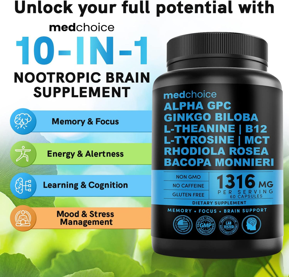 MEDCHOICE Sleep Melatonin (180ct) and Nootropic Brain (60ct) Supplement Bundle - Wellness Duo for Sleep, Brain, Focus, & Mood Support - Vegan, Non-GMO, Gluten-Free
