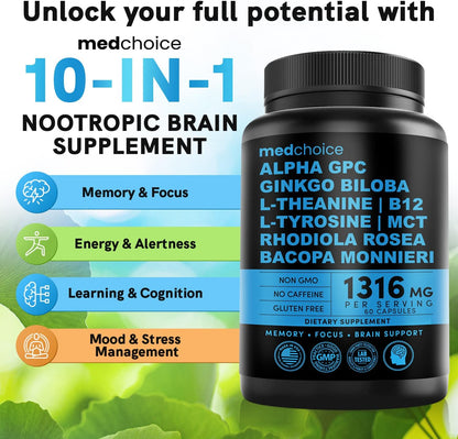 MEDCHOICE Sleep Melatonin (180ct) and Nootropic Brain (60ct) Supplement Bundle - Wellness Duo for Sleep, Brain, Focus, & Mood Support - Vegan, Non-GMO, Gluten-Free