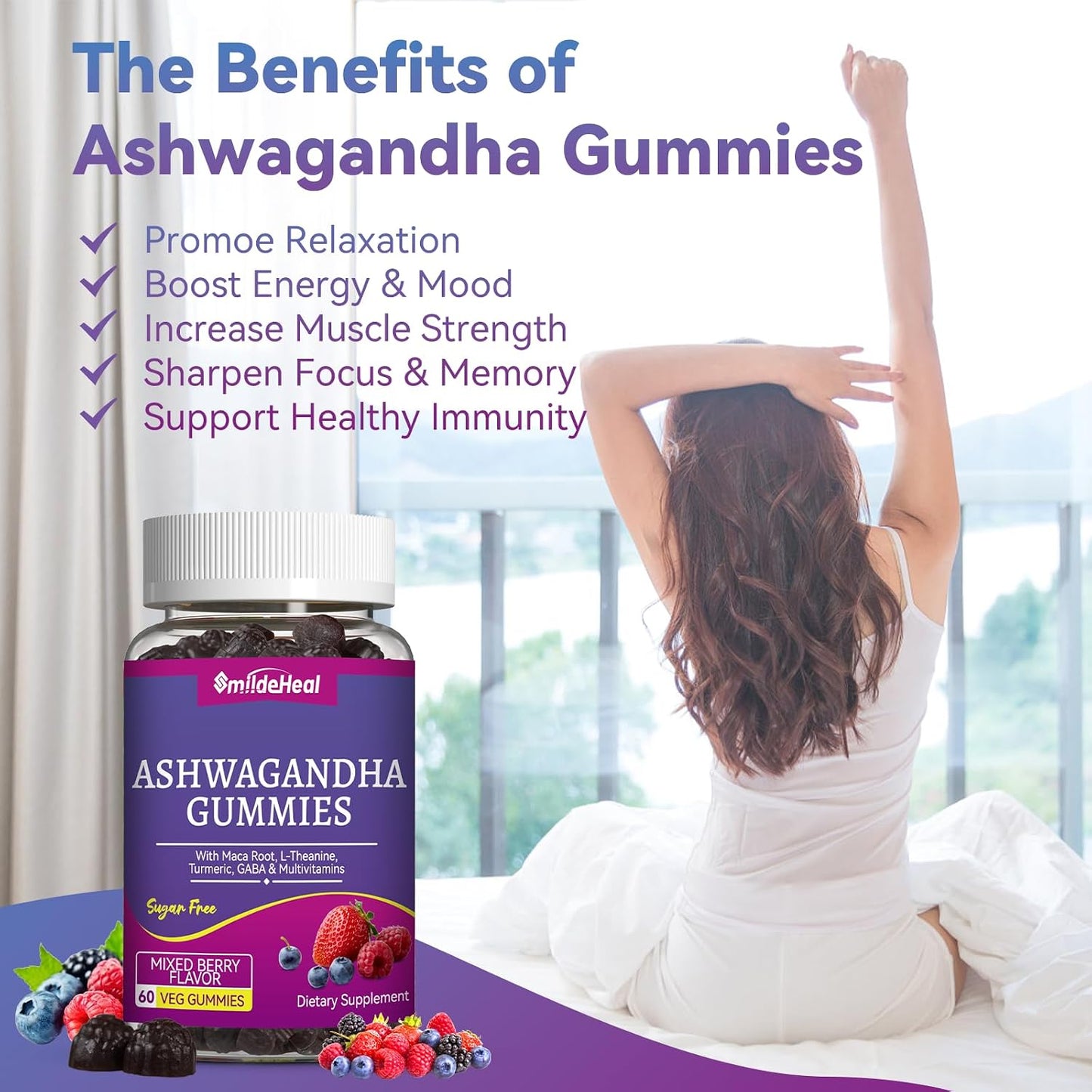 Ashwagandha Gummies 3000mg for Calm & Stress Relief, 60 Count, Vegan | Ashwagandha High Strength Root Extract Supplement with L-Theanine, Trumeric, D3 for Women & Men - Natural Mixed Berry Flavor