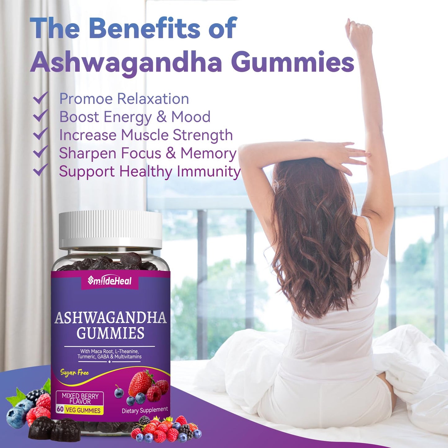 Ashwagandha Gummies 3000mg for Calm & Stress Relief, 60 Count, Vegan | Ashwagandha High Strength Root Extract Supplement with L-Theanine, Trumeric, D3 for Women & Men - Natural Mixed Berry Flavor